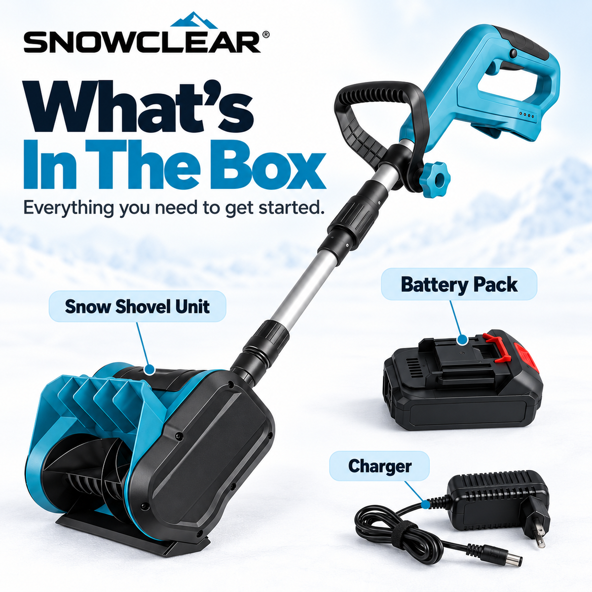 SNOWCLEAR snow shovel, battery pack and charger included
